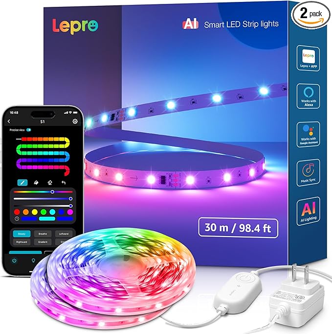 Lepro S1 AI LED Strip Lights for Bedroom - 100ft(2 Rolls of 50ft) Smart RGB Light Strips with IC and Rainbow Chasing Effects, AI Generated Lighting, No Remote, 2.4G Wi-Fi & Bluetooth