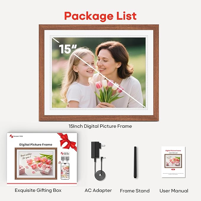 15 Inch Large Digital Picture Frame, Frameo Digital Frame WiFi with 4:3 HD IPS Touch Screen 32GB Storage, Support Tabletop&Wall Mounted, Share Photos/Videos Instantly from Anywhere, Gifts for Mom