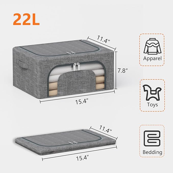 22L Stackable Clothes Storage Bins with Metal Frame, 4 Piece Stackable Clothes Organizer with Double Opening + Clear Window Design for Cabinets, Under Beds, Storage and Garage Gray