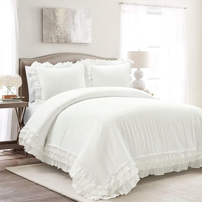 Lush Decor Ella Ruffle Lace 100% Cotton Duvet Cover, 3 Piece Set, King, White - Cute Duvet - King Bedding Set - Gray Bedding - Coquette Decor - Ruffle Trim - White Lace Trim