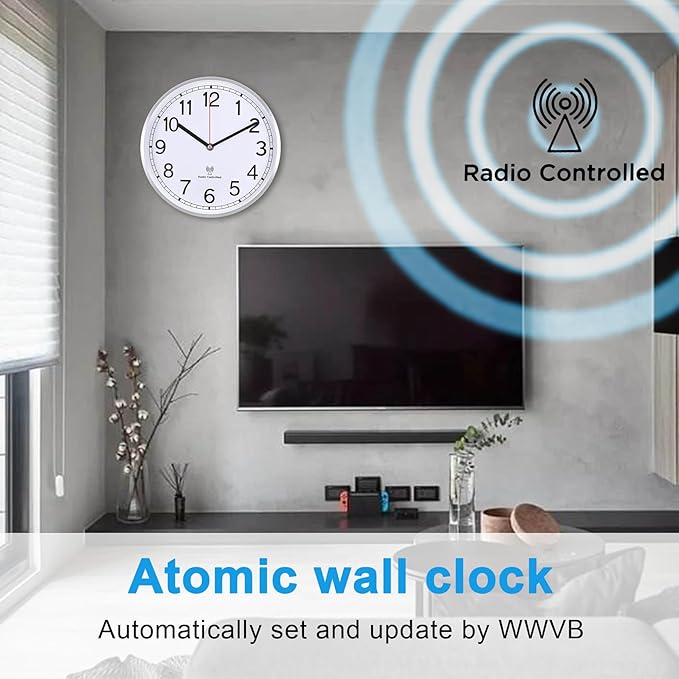 Atomic Analog Wall Clock, 10Inch Radio Controlled Sets Automatically Wall Clock, Decorative for Living Room Office School