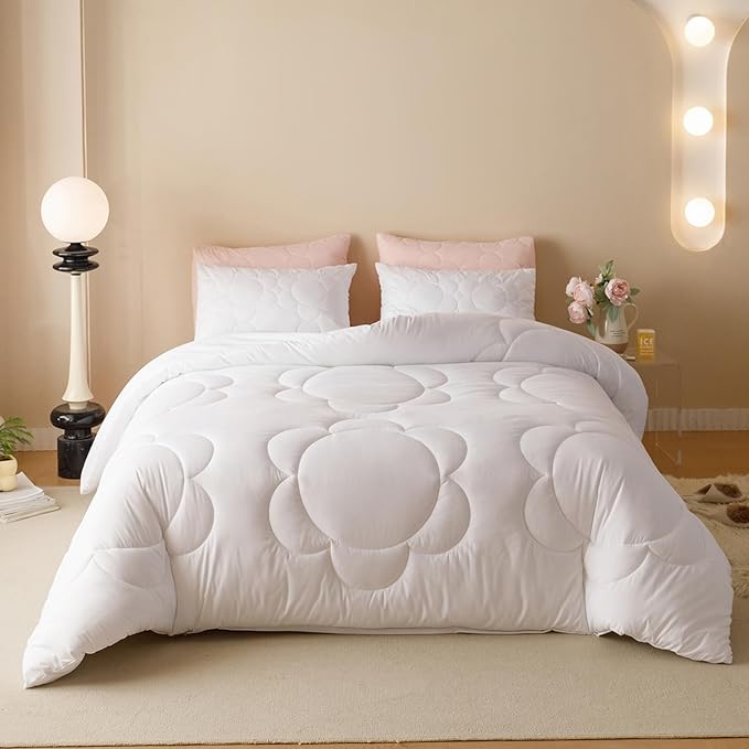 Luxlovery White Sunflower Comforter Set Queen Plain White Boho Farmhouse Quilts Floral Bedding Comforter Set Soft Breathable Elegant Bohemian Comforter Queen Size
