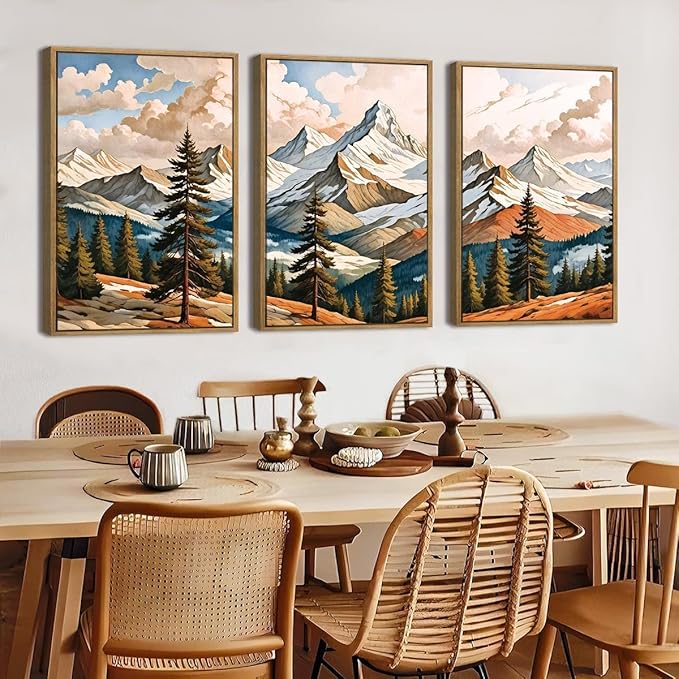 Large Woodcut Style Mountains Framed Canvas Wall Art,Vintage Pine Trees Wall Decor,Boho Natural Snow Ridge Artwork,Modern Woodland Landscape Art Print for Living Room,Bedroom,Office-24 x36 x3