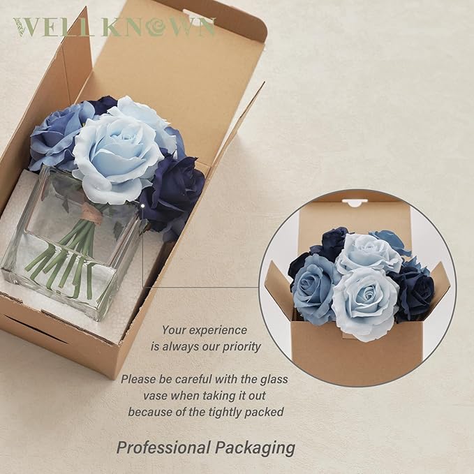 WELL KNOWN Rose Artificial Flowers in Vase with Faux Water, Silk Rose Table Centerpieces for Home Coffee Table Decor, Fake Roses Flower Arrangements for Office Hotel Lavatory Decor (Blue)