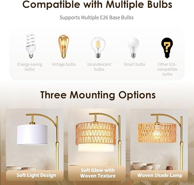 Bohemian Rattan Floor Lamp for Living Room - Golden Arc Design, 12W LED (1 in use + 1 Spare), Remote & Dimmable 3 - Color Temp, Tall Standing Lamp