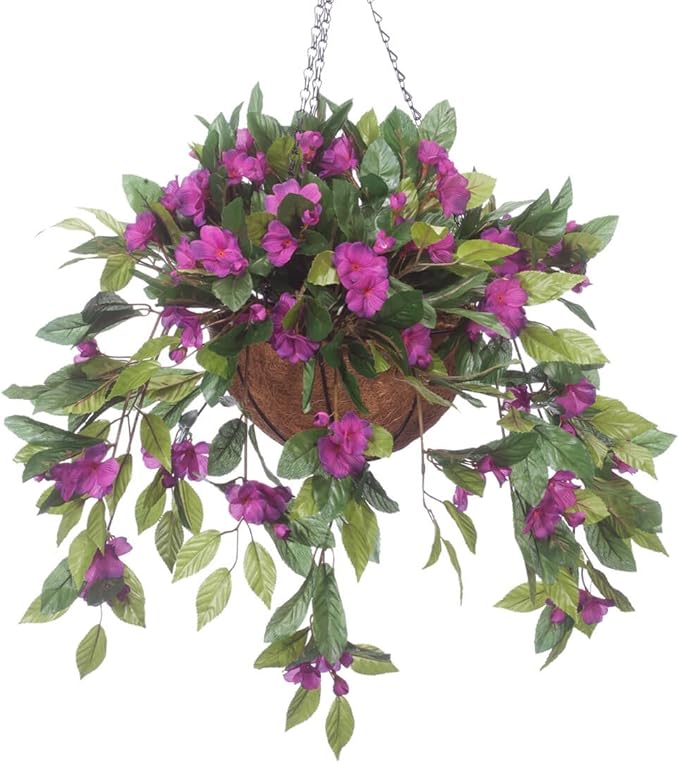OakRidge Fully Assembled Impatiens Hanging Basket – Large Artificial Flower Outdoor or Indoor Decoration with Hook - Purple
