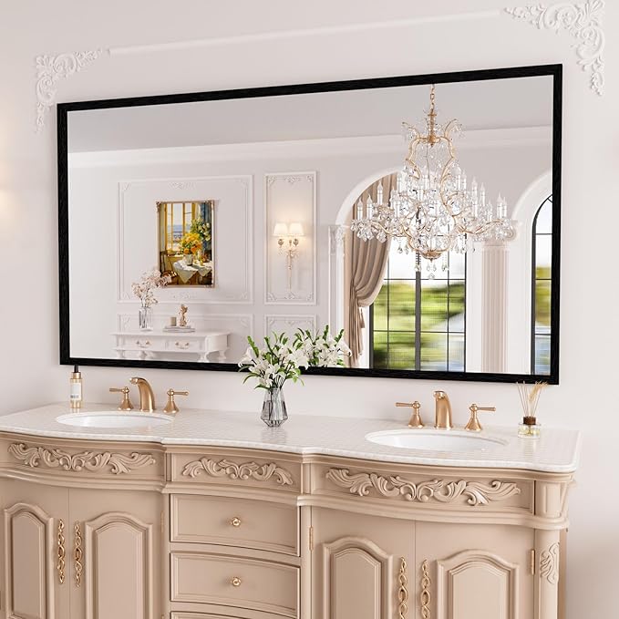 WEER Black Framed Mirror 55X30 Inch, Rectangular Matte Black Bathroom Vanity Mirror, Farmhouse Bathroom Mirror with Tempered Glass, Anti-Rust, Hangs Horizontal or Vertical