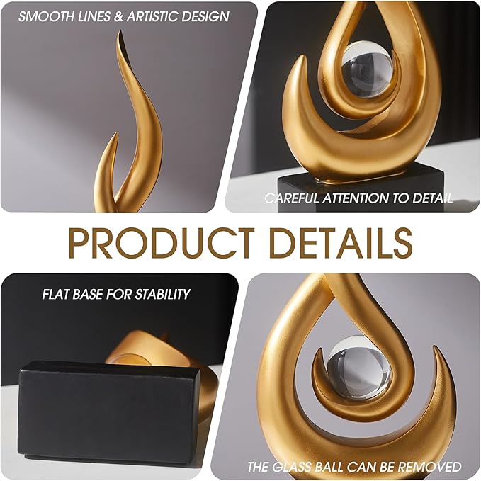 FJS Gold Decor Modern Flame Statue Home Decorations for Living Room, 13.7" H Resin Sculptures Home Décor Accents, Abstract Art Sculpture for Dining Room Office Coffee Table Centerpiece