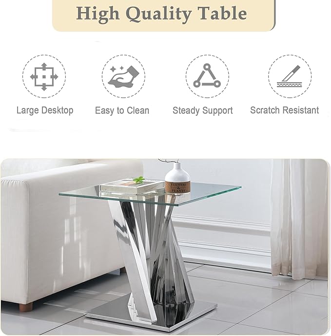 Glass 4 Piece Living Room Table Sets,4-Piece Table Set Includes 1 Glass Coffee Table and 1 Console Table and 2 End Tables with Stainless Steel Frame,Modern Coffee Table Set of 4 for Living Room