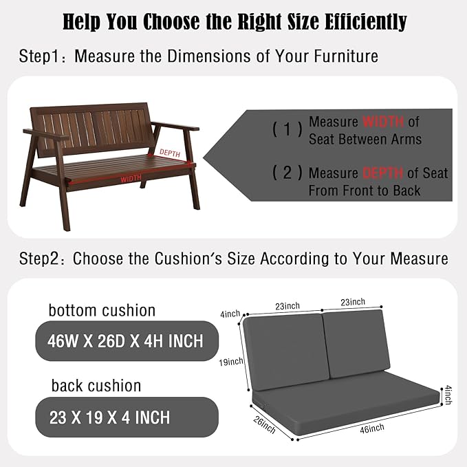 idee-home Outdoor Loveseat Cushions, Waterproof Patio Loveseat Cushion, Outside Couch Hampton Bay Deep Seat Cushion Replacement Set, Patio Love Seat Sofa Cushions for Furniture, 46" x 26" Dark Grey