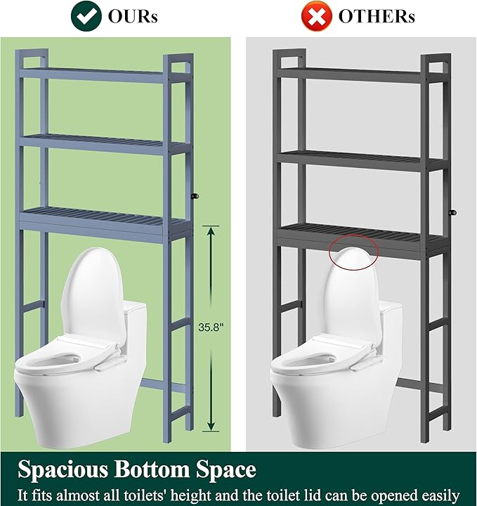 Smiry Over The Toilet Storage Cabinet, 3-Tier Bamboo Bathroom Organizers with Adjustable Shelf & 4 Hooks, Space Saving Shelf Rack for Bathrooms, Laundry Room, Balcony, Grey