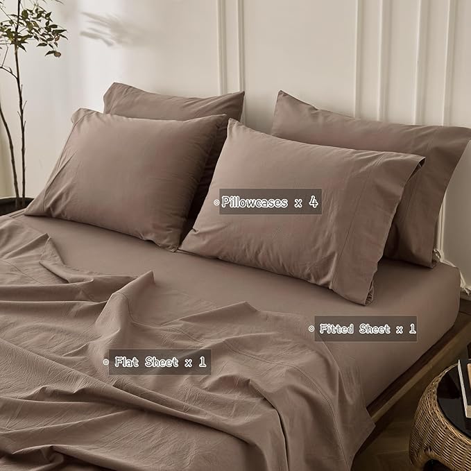 6PS Linen Like Bedding Sheet Sets Light Chocolate Brown Cotton Bedding Set Oeko-TEX Standard 100% Washed Cotton Deep Pocket King Size Fitted Sheet Plus Cozy Flat Sheet and 4 Pillowcases