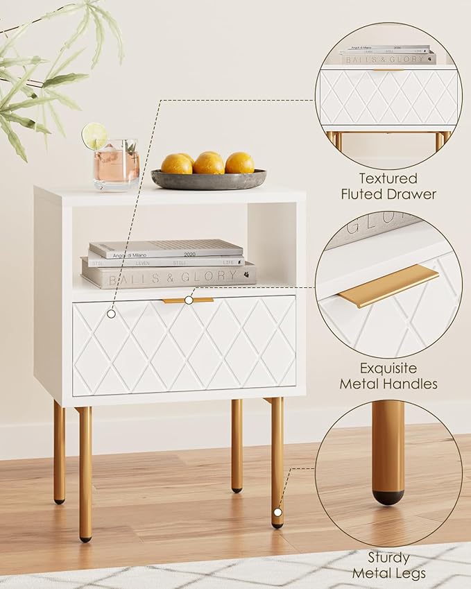 Nightstand,Morden Bedside Table with Gold Frame,Small White Night Stand,End Table,Bedside Furniture,Side Table with Drawer and Shelf for Bedroom,Living Room (1Drawer, White-Square)