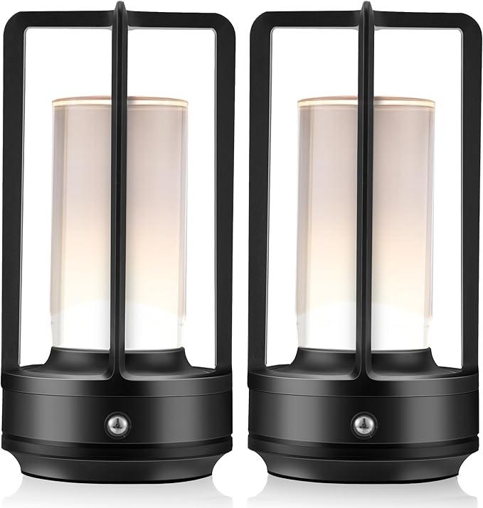 Portable Metal Table Lamp, Cordless Table Lamp, Rechargeable Battery Powered Portable LED Desk Lamp, 3 Color Stepless Dimming Touch, for Bedroom Restaurant Home Outdoor (2 Set of Black)