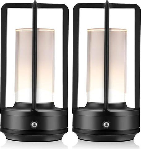 Portable Metal Table Lamp, Cordless Table Lamp, Rechargeable Battery Powered Portable LED Desk Lamp, 3 Color Stepless Dimming Touch, for Bedroom Restaurant Home Outdoor (2 Set of Black)