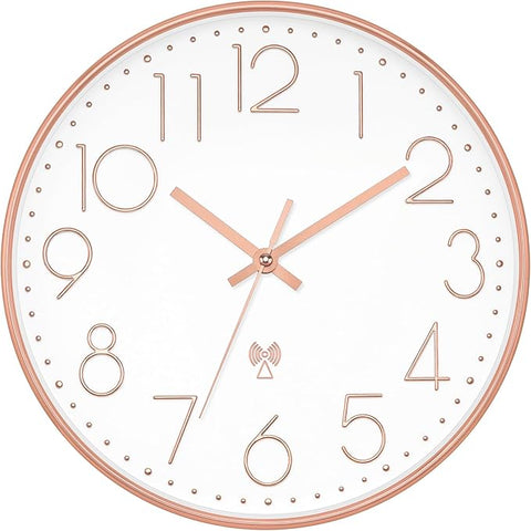 Foxtop Atomic Wall Clock Battery Operated Round Analog Modern Wall Clock Sets Automatically for Office Classroom Bedroom Kitchen Living Room (Rose Gold)