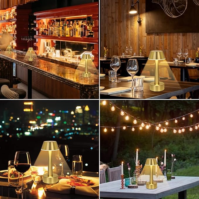 UMEXUS 2 Pack Rechargeable Small Cordless Table Lamp, LED Battery Operated Touch 3 Color Dimming Bedside Nightstand Desk Lamps Metal Portable Night Lights for Bedroom Bar Restaurant Outdoor Gold