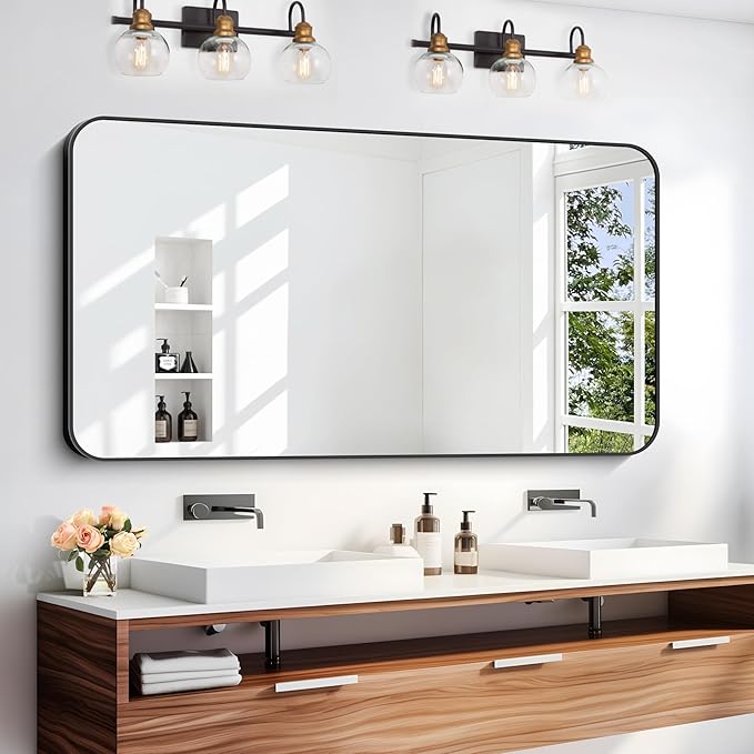 24" x 48"Bathroom Mirror, Matte Black Wall Mirror with Metal Frame, Decorative Rectangular Vanity Mirror for Bedroom Bathroom Living Room Entryway (Horizontal/Vertical)