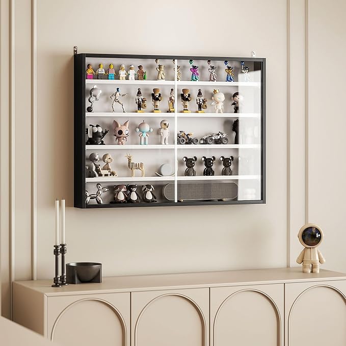 HOMCOM 5-Tier Display Cabinet, Glass Door Cabinet with Adjustable Shelves, Wall-Mounted Display Case for Playroom, Bedroom, Black and White