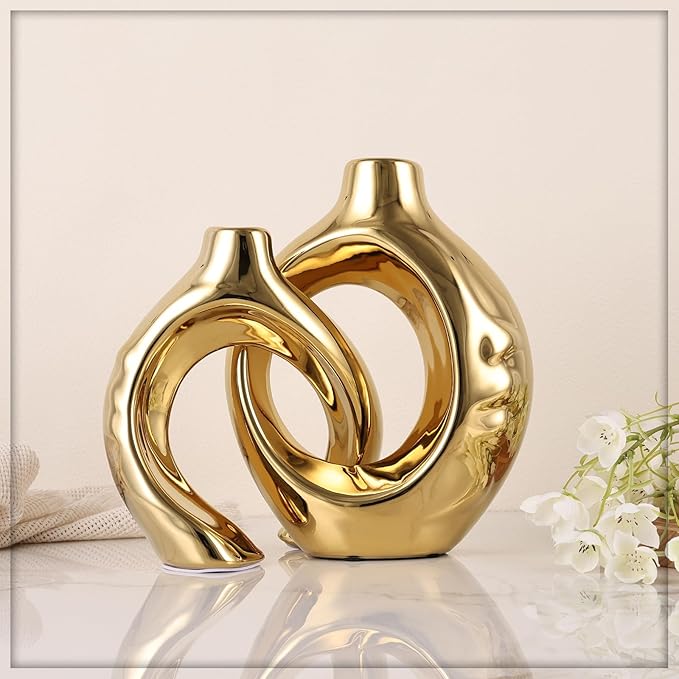 Gold Home Decor Ceramic Vase, Round Vase with Holes Set of 2, Suitable for Wedding Entrance Decoration, Bookshelf, Mantel, Unique Home Decor (Gold)
