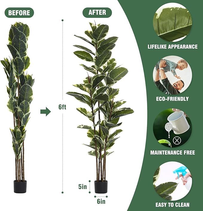 Artificial Rubber Tree Plant 6ft Tall Faux Ficus Tree Potted Fake Tropical Plants Decorative House Plants Large Floor Artificial Trees for Home Office Store Room Decor