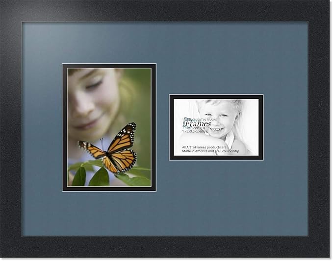 ArtToFrames Collage Photo Frame Double Mat with 1-3.5x5, 5x7 Openings with Satin Black Frame and Dutch Blue mat.