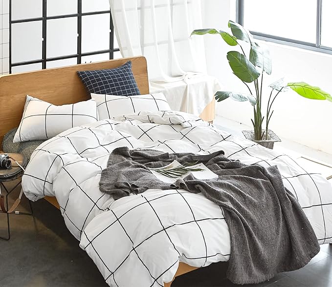 Pureant White Plaid Comforter Sets Full Size Black and Grid Bedding Comforters Cotton Women Men Modern Simple Geometric Quilt Adults Teens Buffalo Soft Full(80''*90''-Comforter)