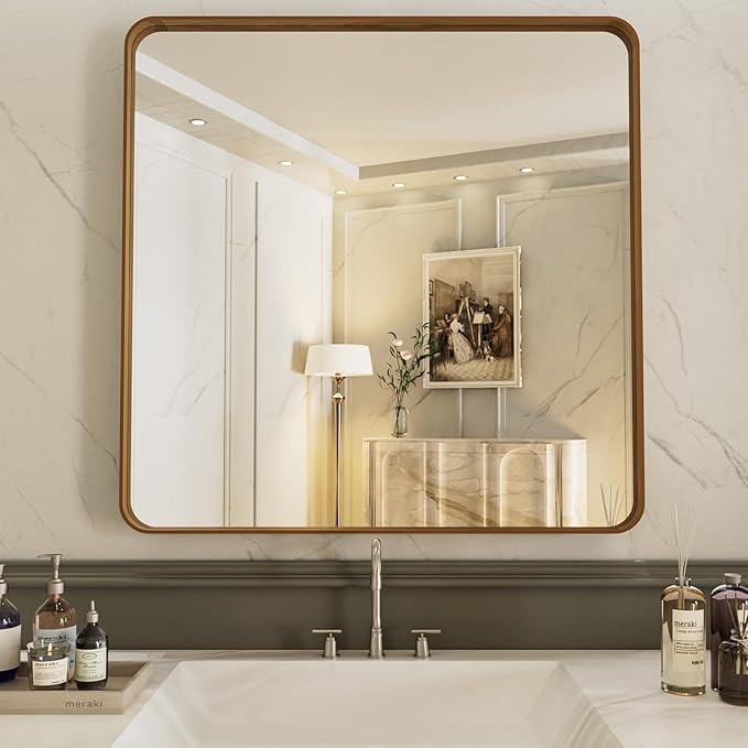LOAAO 38X38 Inch Bathroom Mirror with Wood Grain Colored Metal Frame, Rounded Rectangle Metal Framed Bathroom Mirror, Anti-Rust, Hangs Horizontally or Vertically, Tempered Glass