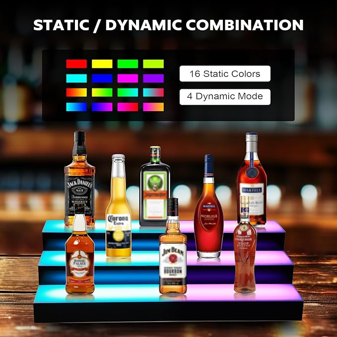 GCCSJ LED Lighted Liquor Bottle Display, RF Remote LED Liquor Shelves with 16 Static Colors,Home Bar Liquor Bottle Accessories Acrylic Shelf, 3 Tiers 16 Inch