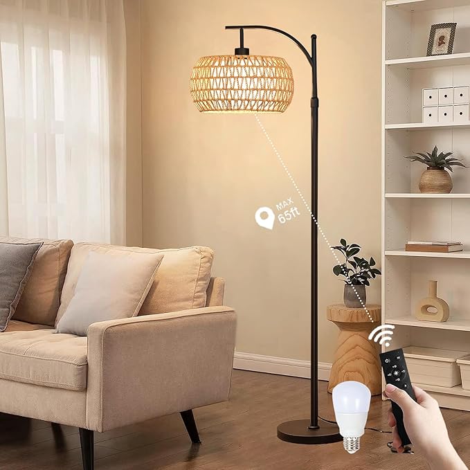 Arc Floor Lamps for Living Room Rattan Boho Floor Lamp with Remote Control,Dimmable LED Floor Lamp Wicker Lamp Shades Black Standing Lamp with 3 Color Temperature Tall Floor Lamps For Bedroom Corner