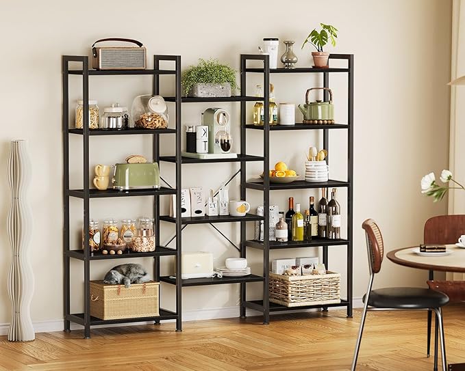 Casaottima Triple 5 Tier Bookshelf, Large Bookcase with 14 Open Display Shelves, Modern Industrial Book Shelves Book Case for Bedroom, Wide Standing Shelving Unit for Living Room Home Office, Black