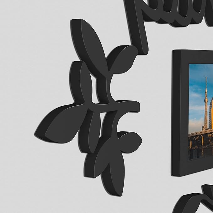 J.M.Deco 13 Pack Family Tree Photo Frame Collection with Lvory Mat Set- Photo Size One 4''x4'' Five 4''x6'' Three 5''x7''- PVC-Wall Mounting Picture Frame for Home Living Room Bedroom 3D Design-Black