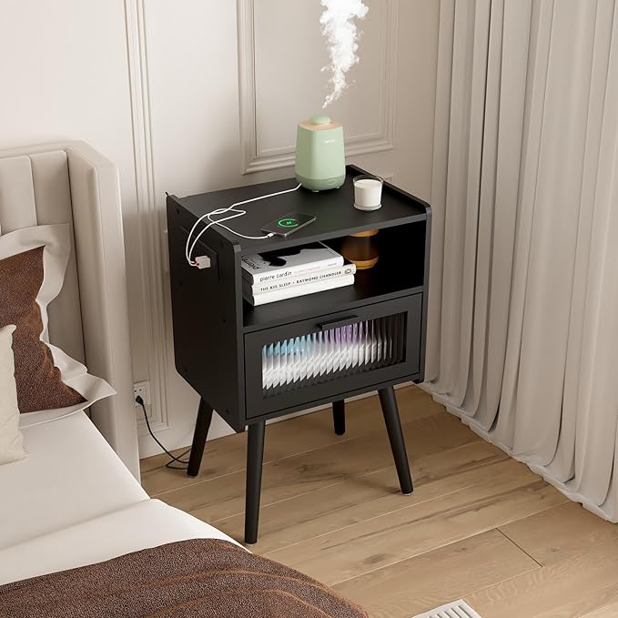 Mid Century Modern Nightstand with Charging Station, Bedside Tables with Glass Drawer, End Table Side Table with 2 Tiers Storage Space, for Bedroom, Living Room, Black