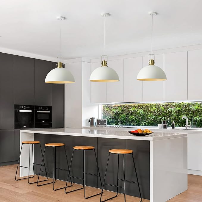 18 Inch White Farmhouse Pendant Lights for Kitchen Island Industrial Pendant Lighting Adjustable Height Vintage Dome Hanging Light Fixtures for Barn, Dining Room