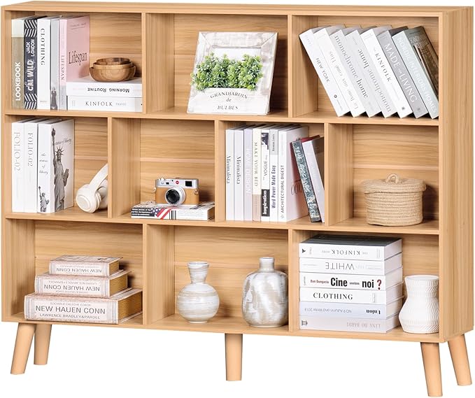 LEYAOYAO 10 Cube Bookshelf,3 Tier 55.12" Wide Boho Bookcase with Legs,Mid-Century Wood Bookshelves Storage,Natural Large Book Case,Freestanding Organizer Display Shelf for Bedroom,Living Room,Office