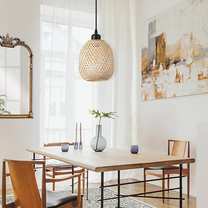 TERLEENART 1pcs Hand Woven Bamboo Boho Chic Pendant Light,Adjustable Cord Bamboo Rattan Ceiling Hanging Light for Dining Room Bar Cafe Restaurant Craft Room