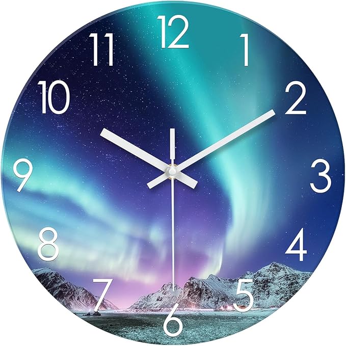 XNM Polar Light Wall Clocks Battery Operated 14 Inch Glass Iceberg Clock Silent Round Turquoise Wall Clock for Kitchen