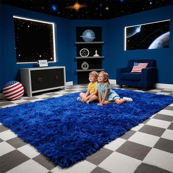 Area Rugs for Bedroom Living Room, 6x9 Soft Large Fluffy Fuzzy Shag Plush Furry Carpet, Soft Indoor Floor Mat for Kids Nursery Home Dorm Office Decor Aesthetic, Blue