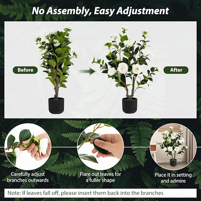 Goplus 38’’ Artificial Camellia Tree, Flower Plants Artificial Tree, Faux Floral Plant Blooming Tree in Cement Pot, Greenery Potted Plant for Indoor Outdoor Office Home Porch Decor