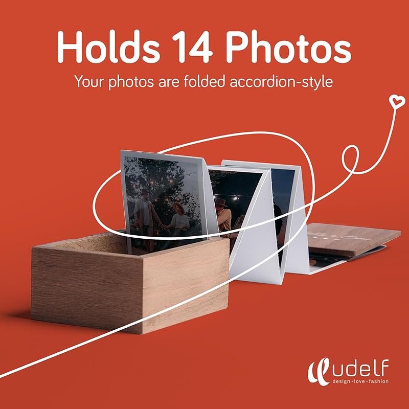 udelf Personalized Wooden Photo Box Gift with Accordion Picture Pull Out - Custom Gifts, Wedding Keepsake Box, Anniversary Box, Picture Box Gift - Holds 14 Photo Prints, 3"x2" (Romantic-Vertical)