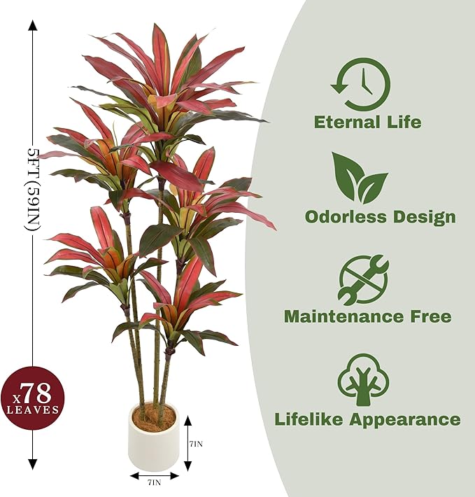 Artificial Dracaena Tree 5ft(60in) Tall Large Faux Silk Plants with Realistic Trunks and Red Leaves, Fake Floor Potted Artificial Plants for Home Office Indoor Decor (5feet,1Pack)