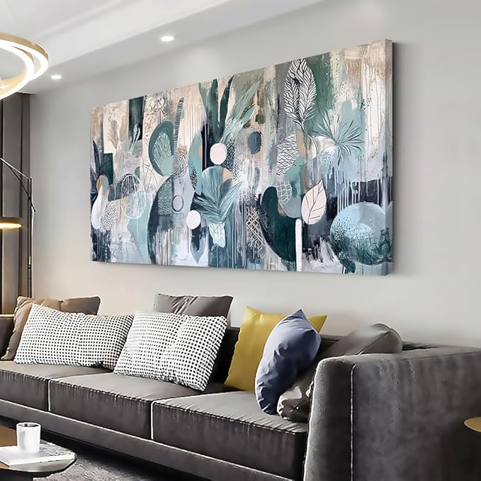 Abstract Plant Garden Wall Art for Living Room Office Green Teal Canvas Painting Prints Sage Green Botanical Artwork Dining Room Bedroom Decor (20x40 Inches)