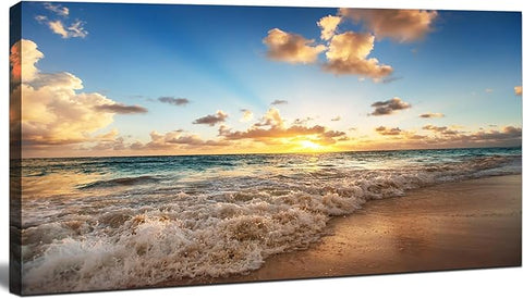Large Beach Wall Art for Living Room Coastal Canvas Painting Decor - Sunrise Ocean Picture Nature Seascape Artwork Poster Print for Office Bedroom Decoration 20"x40"