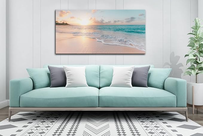 OKEXCKK Beach Canvas Wall Art - Sunset Ocean Picture Green Nature Seascape Painting Print for Kitchen, Bedroom, Living Room Decoration, Large Coastal Artwork Poster for Wall Decor 20"x40"