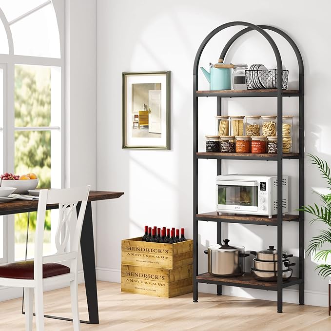 Tribesigns 4-Tier Open Bookshelf, 70.8" Industrial Arched Bookcase Storage Shelves with Metal Frame, Freestanding Display Rack Tall Shelving Unit for Office, Bedroom (Rustic Brown, 1PC)