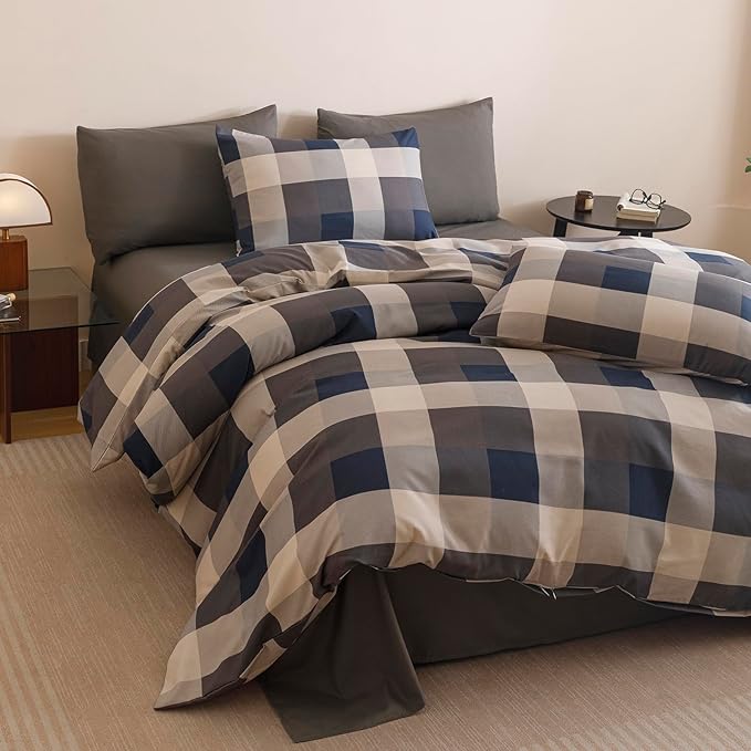 CLOTHKNOW Plaid Comforter Set Full Gingham Buffalo Bedding Comforter Sets Blue Grey Khaki Brown Beige Geometric Comforter Full Sets with 2 x Pillow Cases