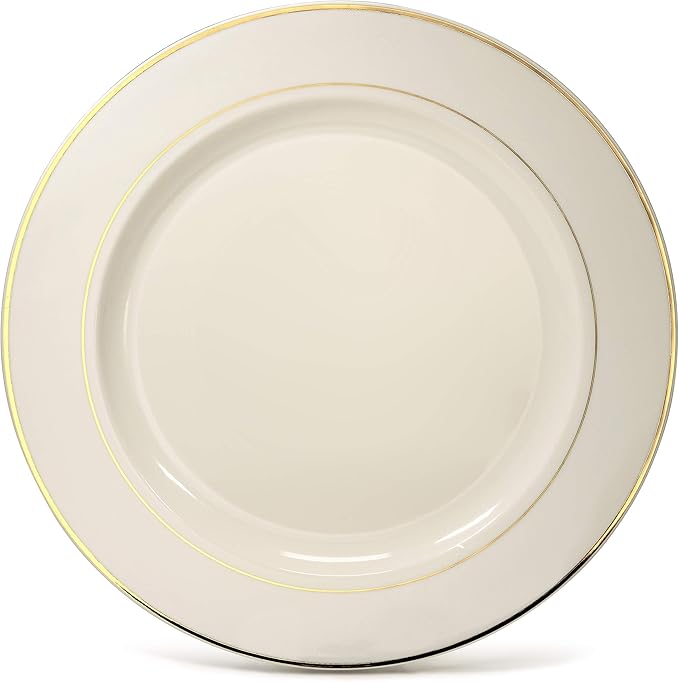 OCCASIONS 120 pcs Chargers pack Wedding Party 12'' Disposable Plastic Charger Plates/Chargers (Ivory & Gold Rim)