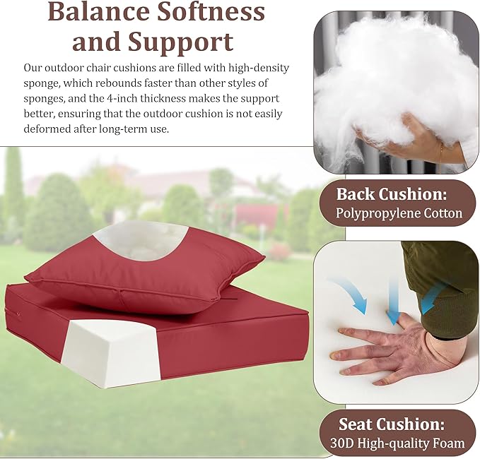 Waterproof Outdoor Chair Cushion Set of 4, 24x24x5 IN Deep Seat Patio Cushions with Fade Resistant Removable Cover,Outdoor Cushions for Patio Furniture with Ties&Handle for Chair Sofa Couch,Wine Red