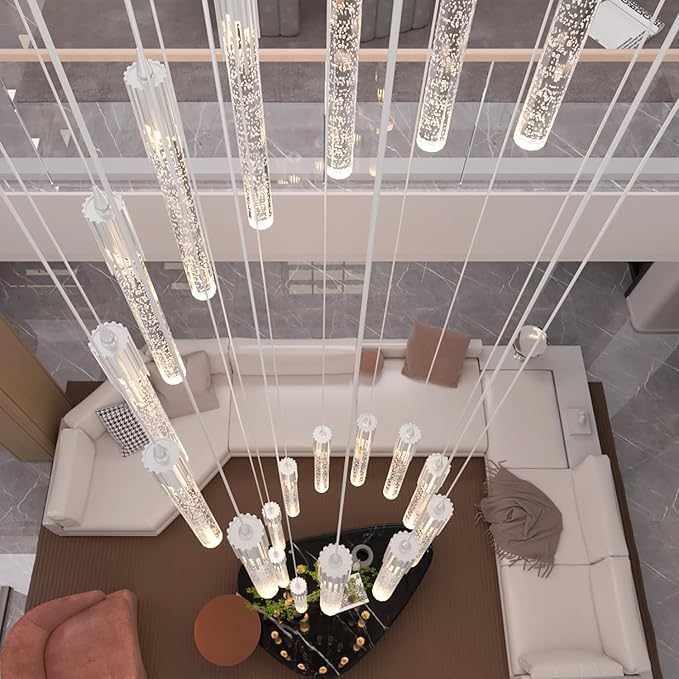 Flashing God H150 High Ceiling Chandelier 36-Lights Chrome Chandeliers for Entryway Crystal Drop Light Large Long Staircase Chandelier Light Fixture for Foyer Hallway Living Room