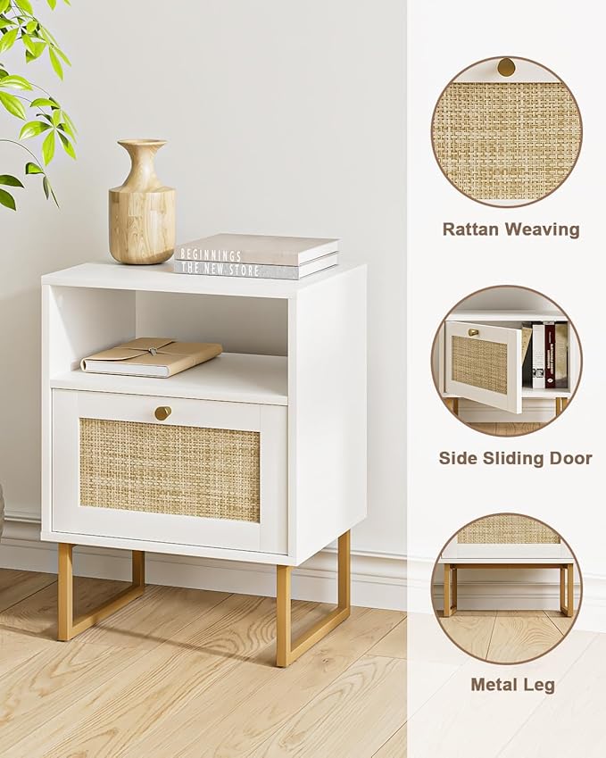 Rattan Nightstand, Mid Century Modern Night Stand,Boho Farmhouse Wood Bedside Table with Storage and Open Shelf, End Side Accent Table for Bedroom,Living Room,White